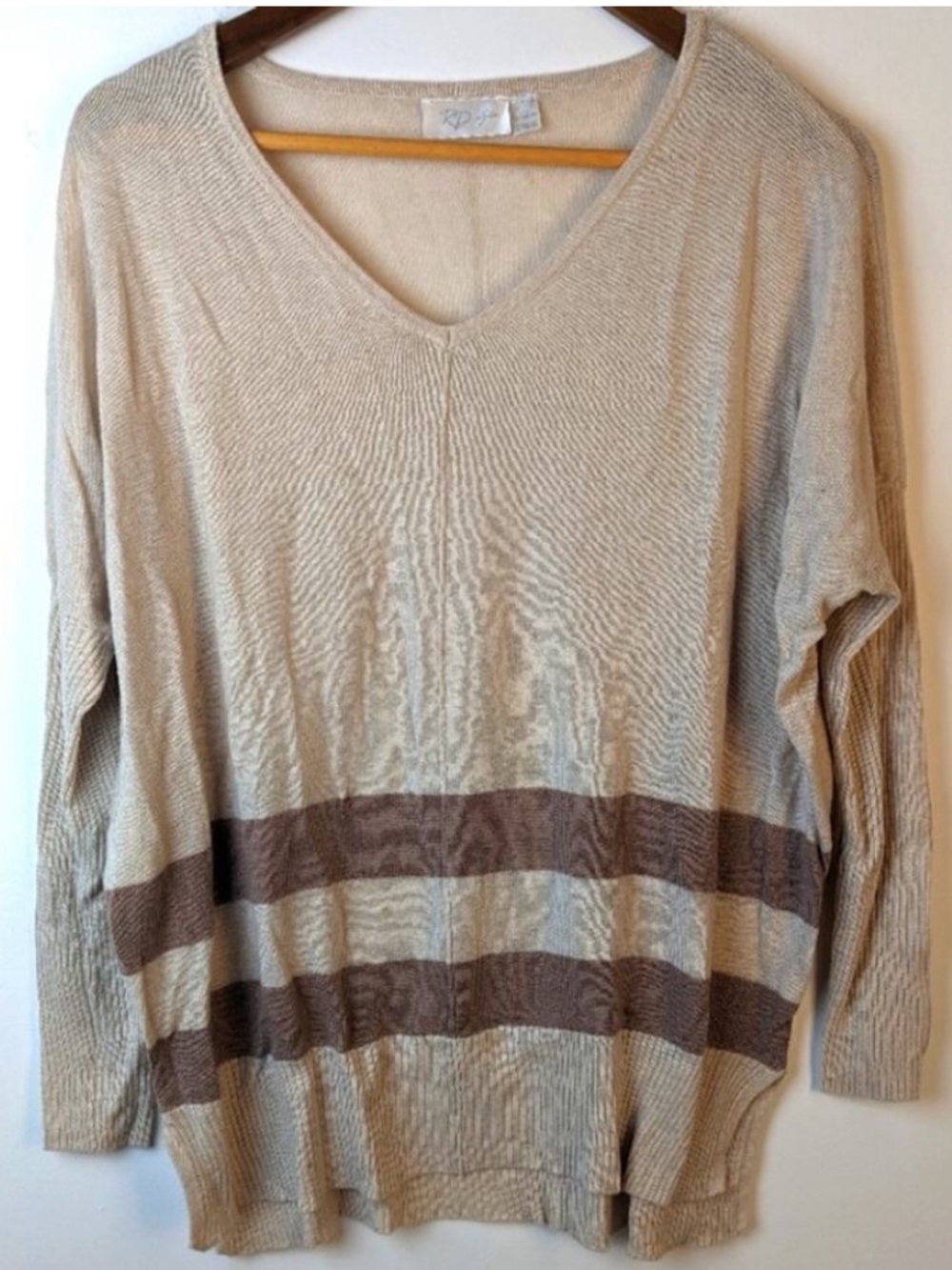 RD Style Oversized Light Beige V-Neck Striped Women's Sweater